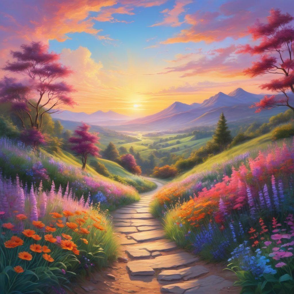 A vibrant sunrise illuminating a serene landscape, featuring a winding path symbolizing the journey from ordinary to extraordinary. Along the path, illustrated scenes of people engaging in joyful activities, such as painting, dancing, and meditating in nature. Soft pastel colors in the sky blending with bright hues of flowers and greenery, evoking a sense of peace and happiness. whimsical style. vibrant colors. 3D.
