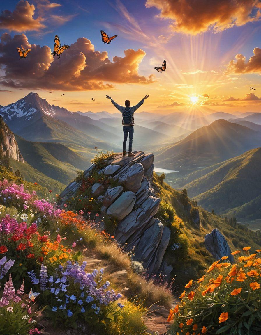 An enchanting scene depicting a person standing on a mountaintop at sunrise, arms outstretched in joy, surrounded by vibrant flowers, butterflies, and glowing orbs of light representing happiness. The sky should have fluffy, golden clouds while the distant hills reflect soft pastels of dawn. Incorporate elements of serenity and bliss, inviting viewers to embrace life's extraordinary moments. super-realistic. vibrant colors. dreamy atmosphere.